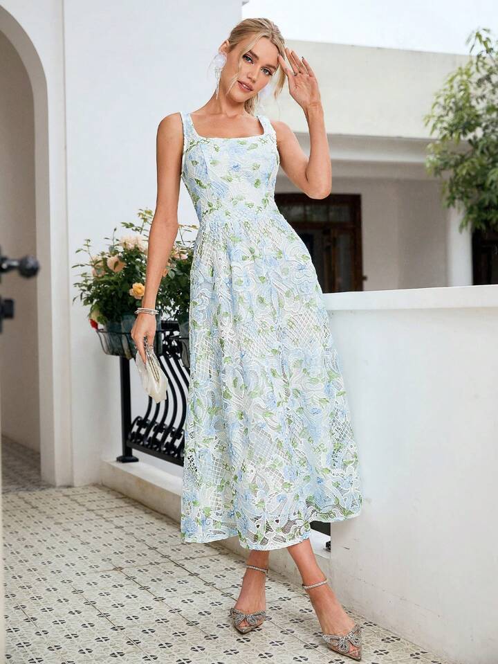 CM-DS452282 Women Elegant Seoul Style Straps Neckline Lace Printed Sleeveless Dress - Blue