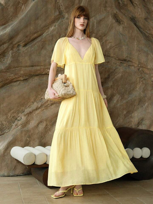 CM-DS661692 Women Casual Seoul Style V-Neck Cap Sleeve Loose High-End Splice Midi Dress - Yellow