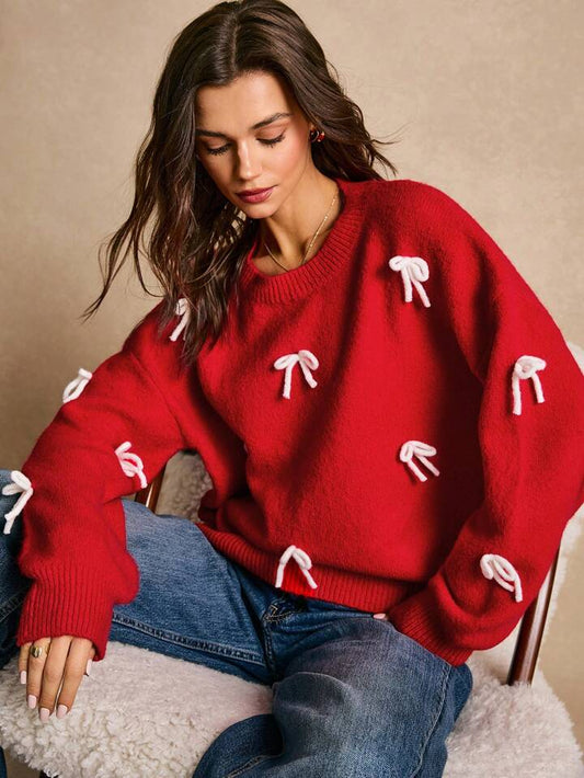 CM-CS558040 Women Casual Seoul Style Round Neck Drop Shoulder Bow Decor Sweater - Red