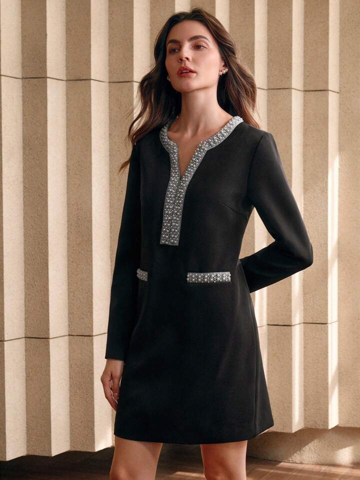 CM-DS598119 Women Elegant Seoul Style V-Neck Long Sleeve Pearl Decor A-Line Short Dress - Black