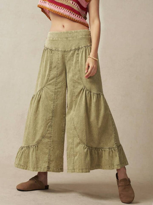 CM-BS377762 Women Casual Seoul Style Elastic Waist Wide Leg Denim-Look Pants - Green