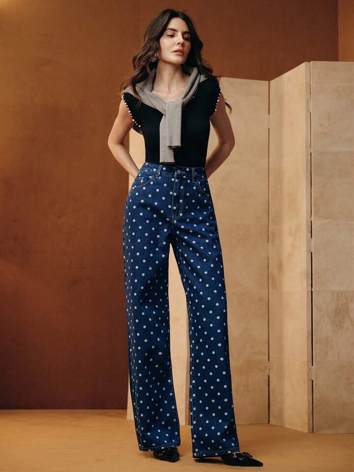 CM-BS606000 Women Casual Seoul Style Mid Waist Polka Dot Pattern Pocketed Wide Leg Loose Jeans - Blue