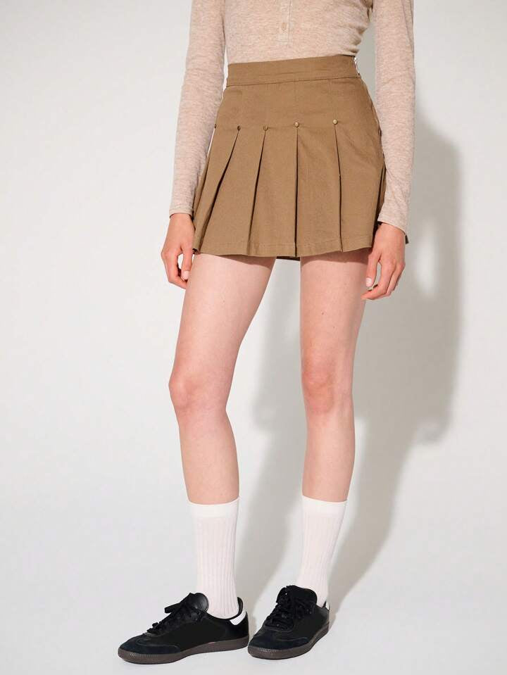 CM-BS891207 Women Casual Seoul Style Pleated Denim Mini Skirt - Khaki
