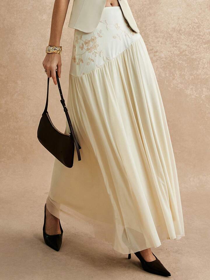 CM-BS131274 Women Elegant Seoul Style High Waist Floral Embroidery Pleated A-Line Skirt - Apricot