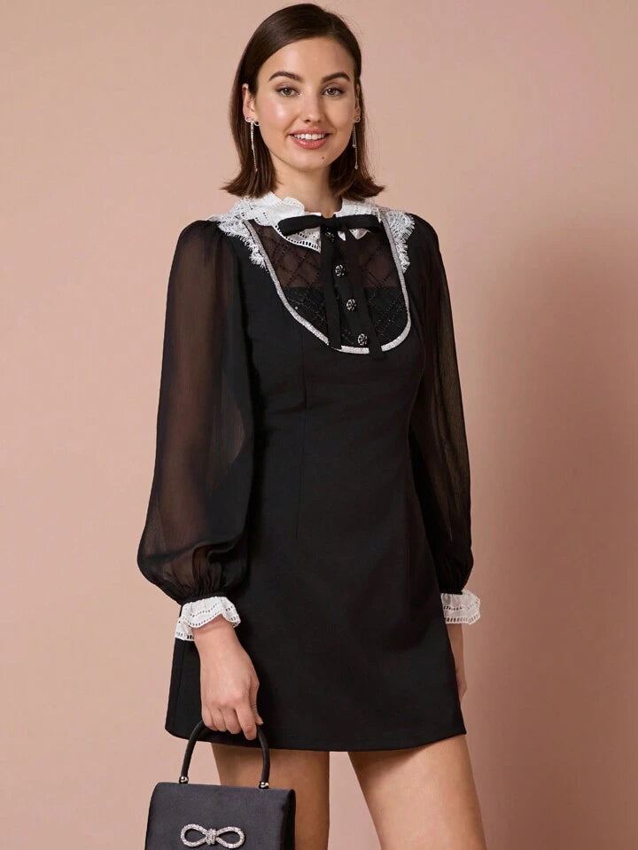 CM-DS402412 Women Elegant Seoul Style Bow Tie Gem Buttons Decor Lace Sequin Long Sleeves Mini Dress