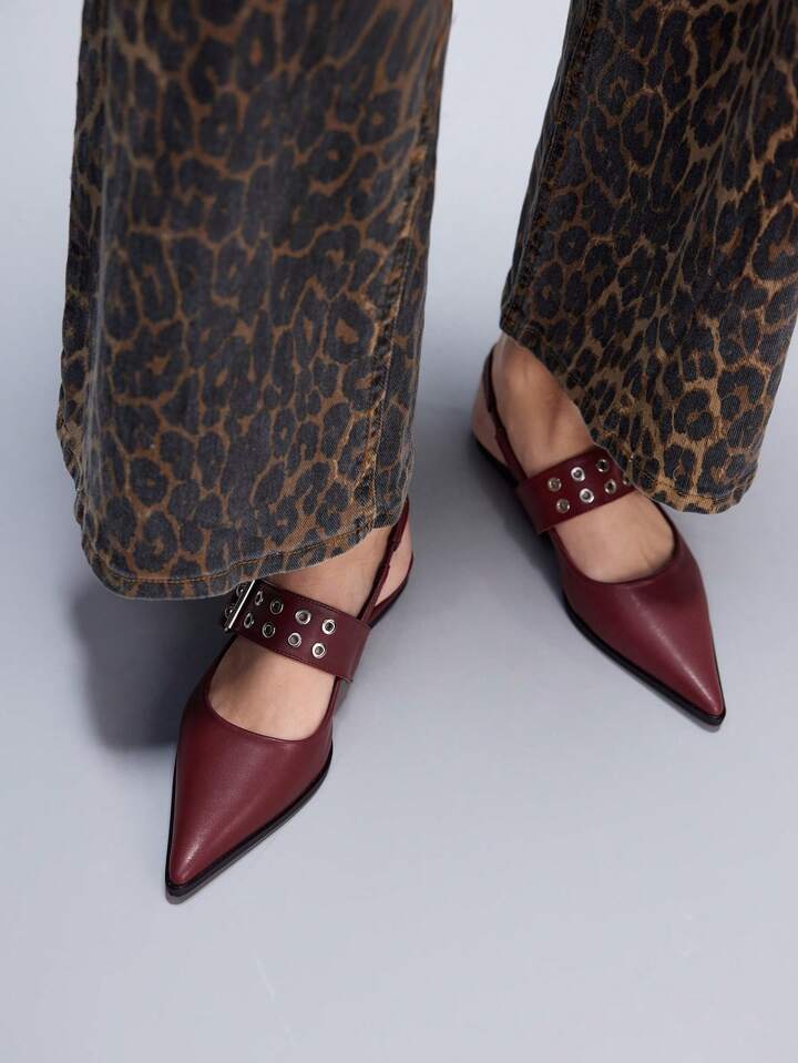 CM-SHS862685 Women Trendy Seoul Style PU Leather Pointed Toe Flat Shoes With Back Strap - Burgundy