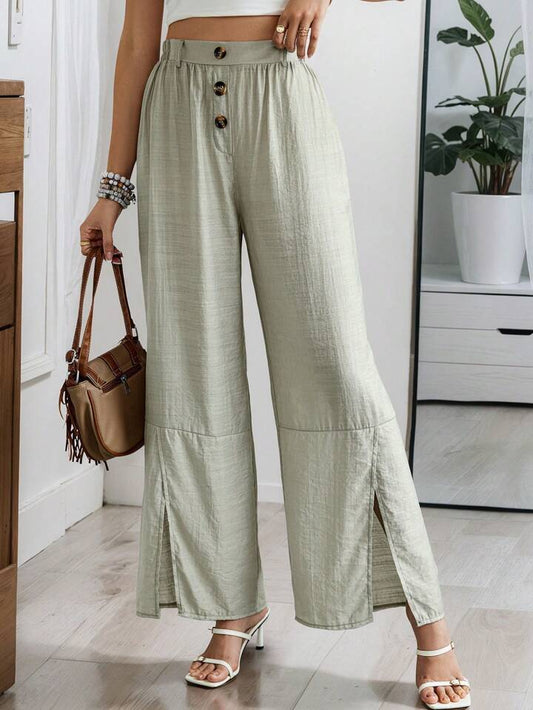 CM-BS423973 Women Trendy Bohemian Style High Waist Front Split Wide Leg Pants - Light Gray