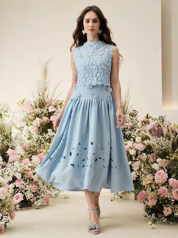 CM-DS956378 Women Elegant Seoul Style Stand Collar Sleeveless Floral Embroidered Lace Midi Dress - Blue