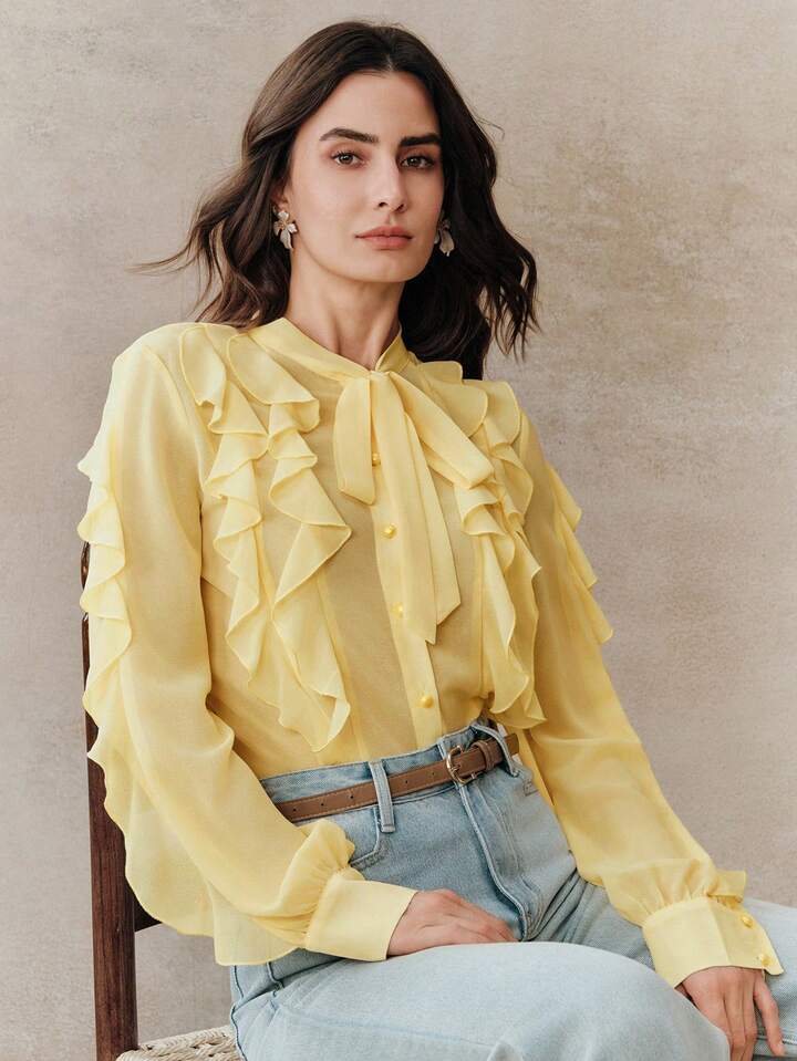 CM-TS521178 Women Elegant Seoul Style Minimalist Tie-Front Ruffle Trim Long Sleeve Blouse - Yellow