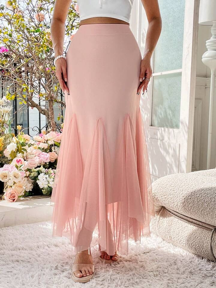 CM-BS286910 Women Elegant Seoul Style Mesh Mermaid Hem Long Skirt - Pink