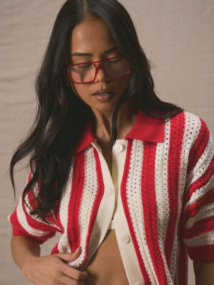 CM-CS831167 Women Casual Seoul Style Striped Drop Shoulder Button Through Short Sleeve Cardigan