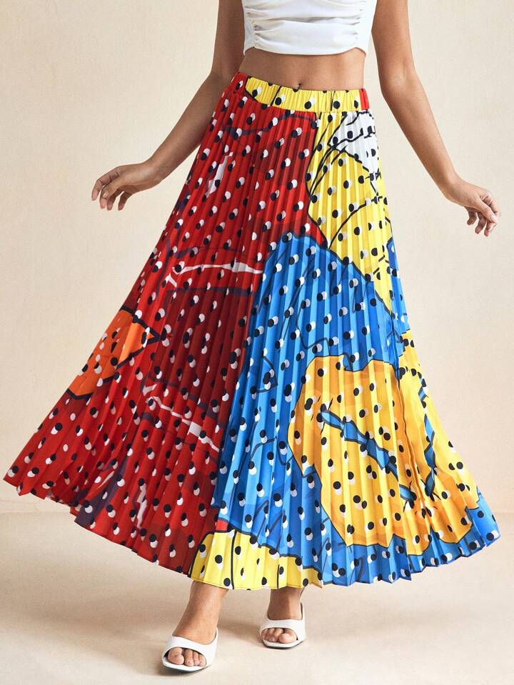 CM-BS924857 Women Elegant Seoul Style High Waist All-Over Print Geometric Pleated A-Line Skirt