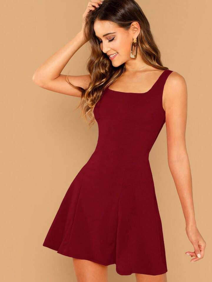 CM-DS196633 Women Casual Seoul Style Solid Color Sleeveless Square Neckline Dress - Red