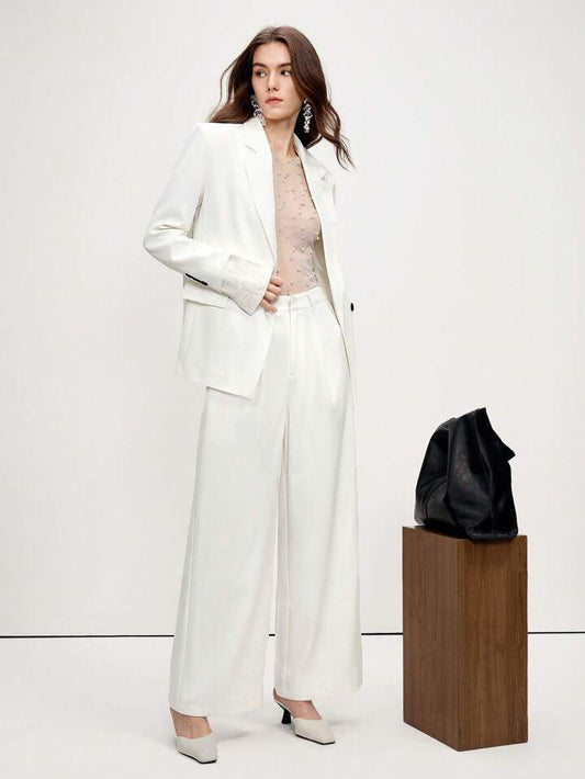 CM-SS644664 Women Elegant Seoul Style Lapel Neckline Jacquard Cuff Blazer Jacket With Wide Leg Pants - Set