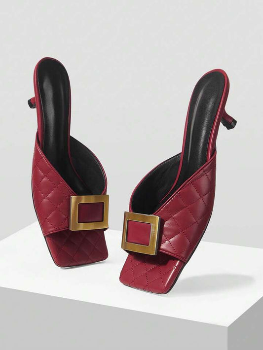 CM-SHS026491 Women Trendy Seoul Style Colorblock Square Toe High Heel Sandals - Burgundy