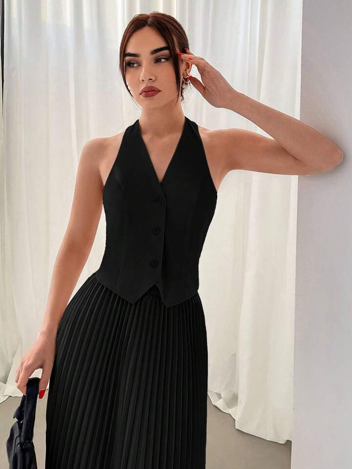 CM-SS558655 Women Elegant Seoul Style Halter Neck Single Breasted Vest With Pleated Skirt - Set