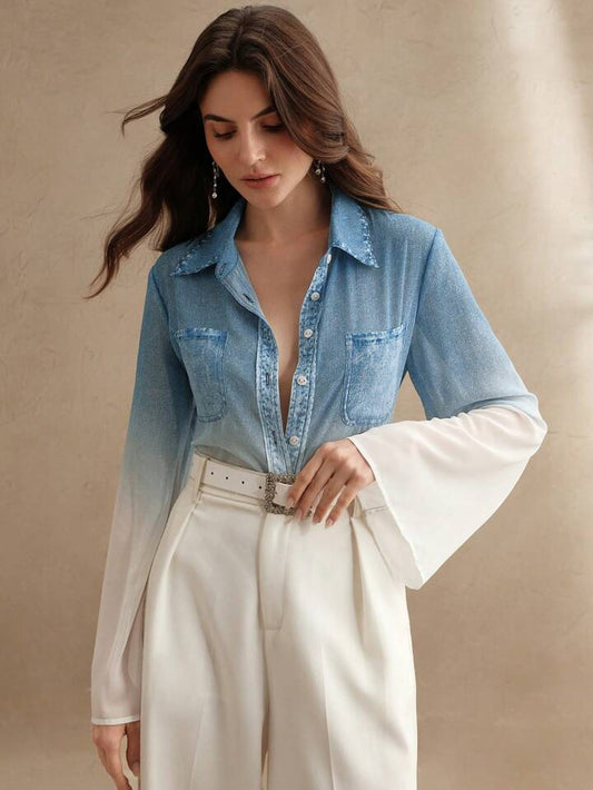 CM-TS772007 Women Casual Seoul Style Chiffon Fabric Imitation Denim Gradient Long Sleeved Shirt - Blue