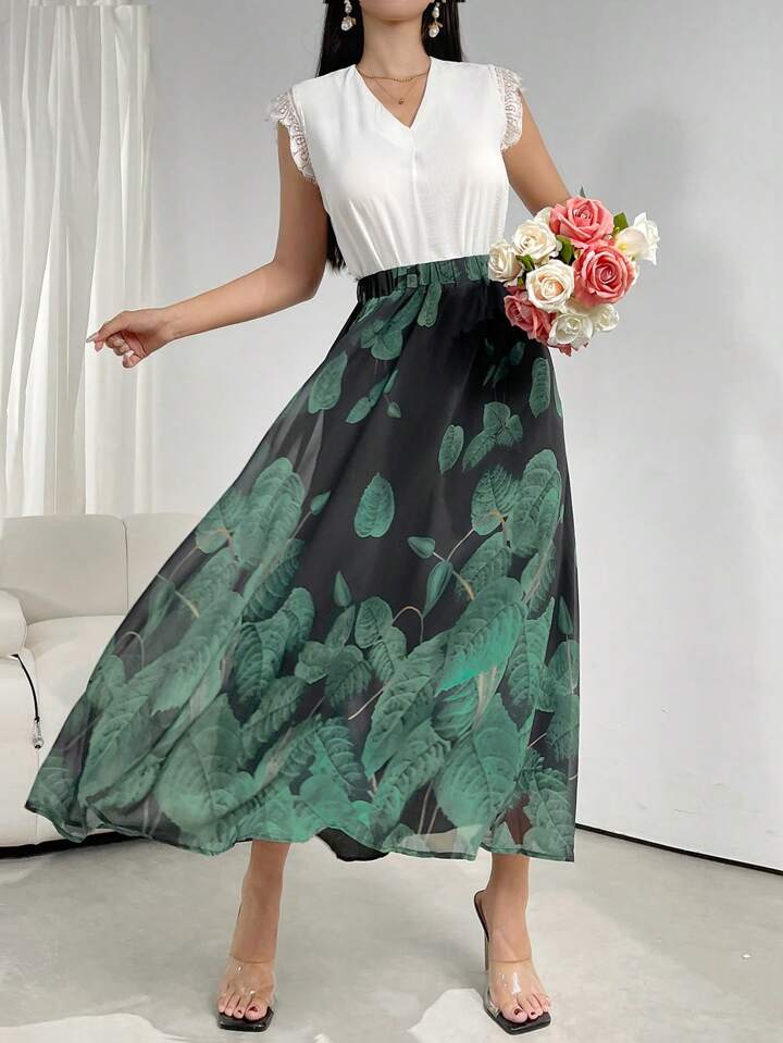 CM-BS751124 Women Trendy Bohemian Style Tropical Print Mesh Overlay Skirt