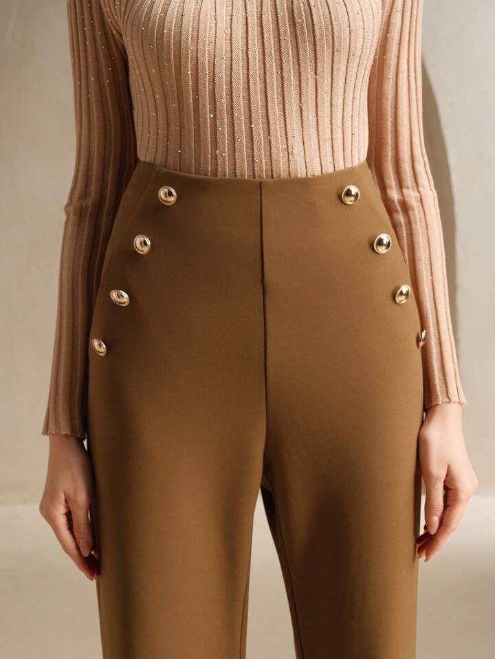 CM-BS159857 Women Elegant Seoul Style Metal Buckle Decor Slim Fit Flare Pants - Brown