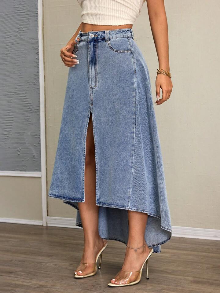 CM-BS702798 Women Casual Seoul Style Asymmetrical Skinny Denim Skirt - Blue