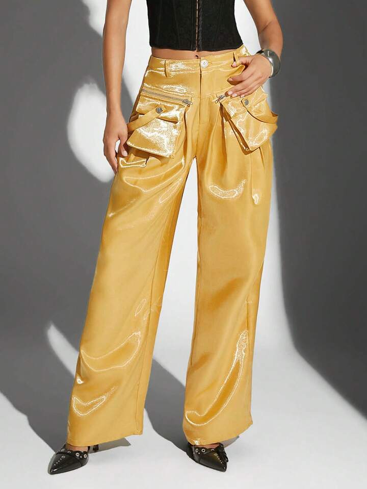 CM-BS021450 Women Elegant Seoul Style High Waist Loose Solid Color Long Straight Leg Pants