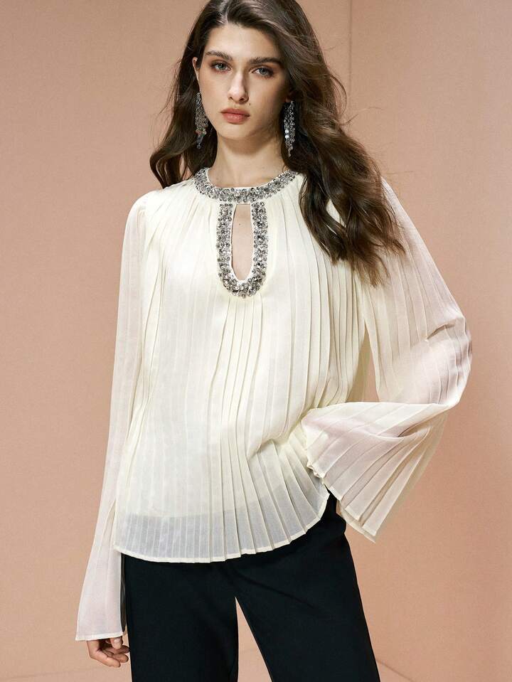 CM-TS001543 Women Elegant Seoul Style Round Neck Long Sleeve Pleated Cutout Rhinestone Embellished Chiffon Top