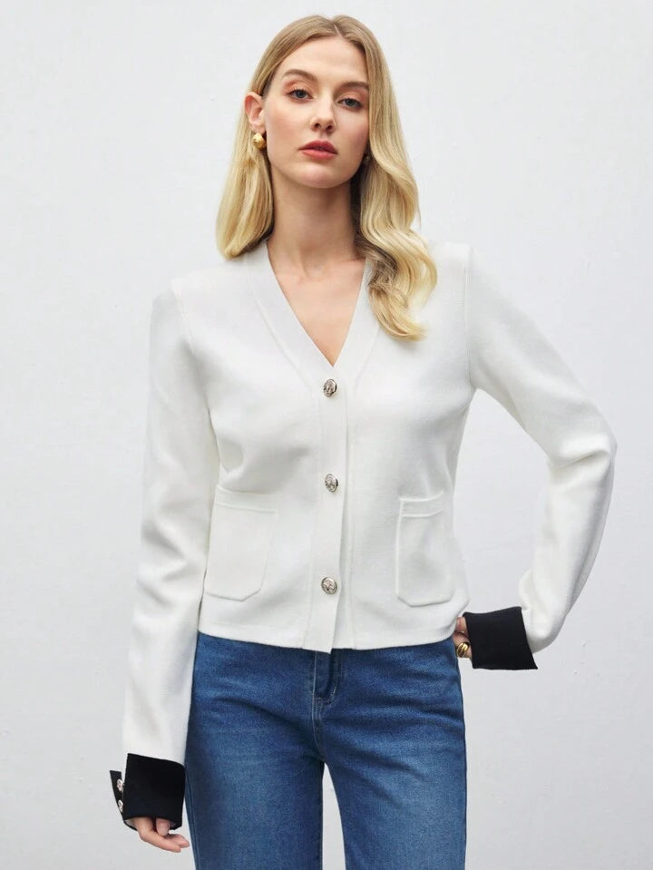 CM-CS477946 Women Casual Seoul Style V-Neck Long Sleeve Colorblock Knit Sweater - White