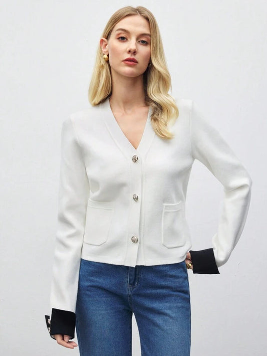 CM-CS477946 Women Casual Seoul Style V-Neck Long Sleeve Colorblock Knit Sweater - White