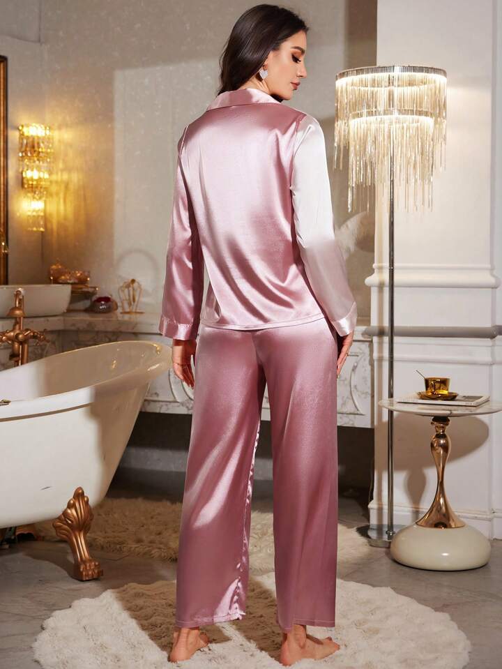 CM-LS727422 Women Trendy Seoul Style Color-Block Button-Front Ribbed Pajama Set - Pink