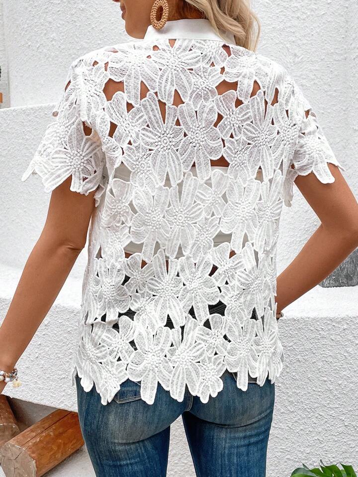 CM-TS360135 Women Trendy Bohemian Style Lace Panel Stand Collar Short Sleeve Blouse - White
