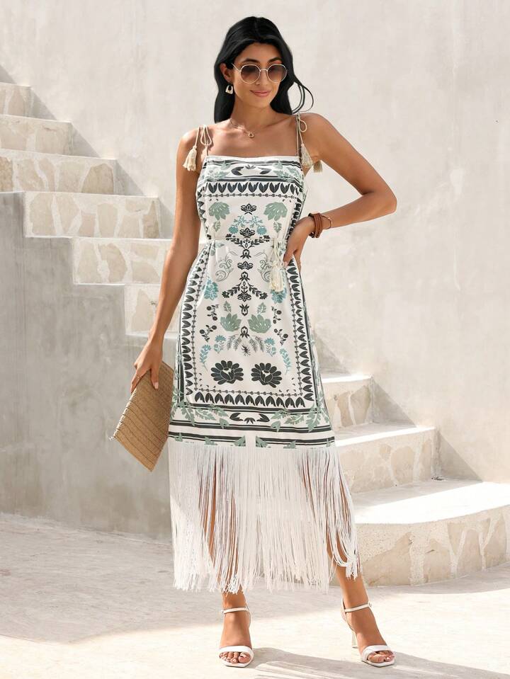 CM-DS375681 Women Trendy Bohemian Style Spaghetti Strap Fringe Decorated Sleeveless Dress