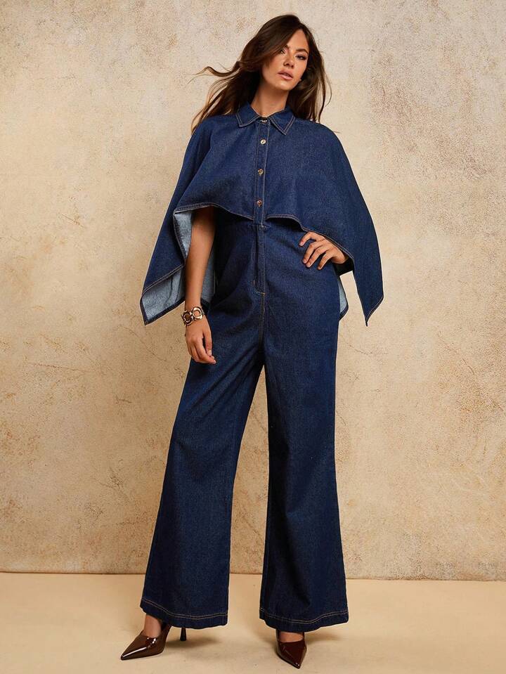CM-JS335015 Women Casual Seoul Style 2-In-1 Batwing Sleeve Long Sleeve Loose Denim Jumpsuit - Blue