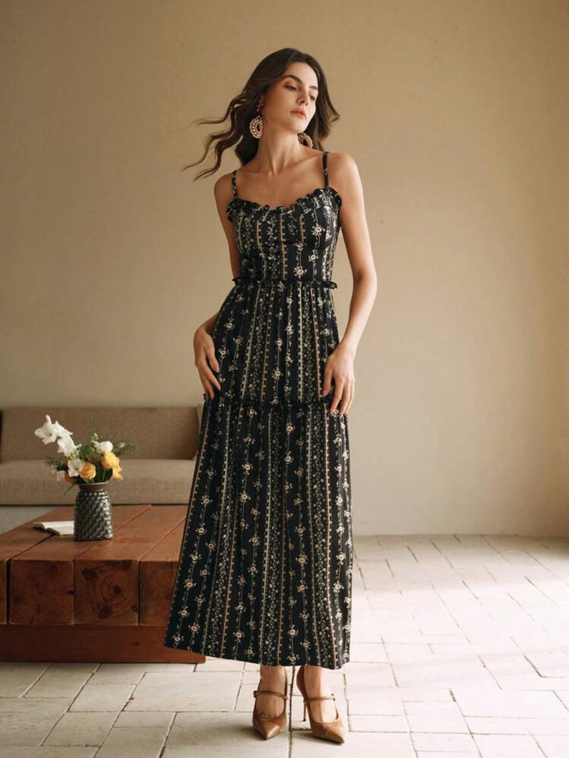 CM-DS071078 Women Elegant Seoul Style Sleeveless Floral Ruffled Hem A-Line Flannel Dress - Black