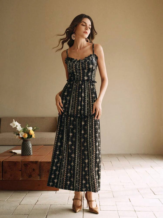 CM-DS071078 Women Elegant Seoul Style Sleeveless Floral Ruffled Hem A-Line Flannel Dress - Black