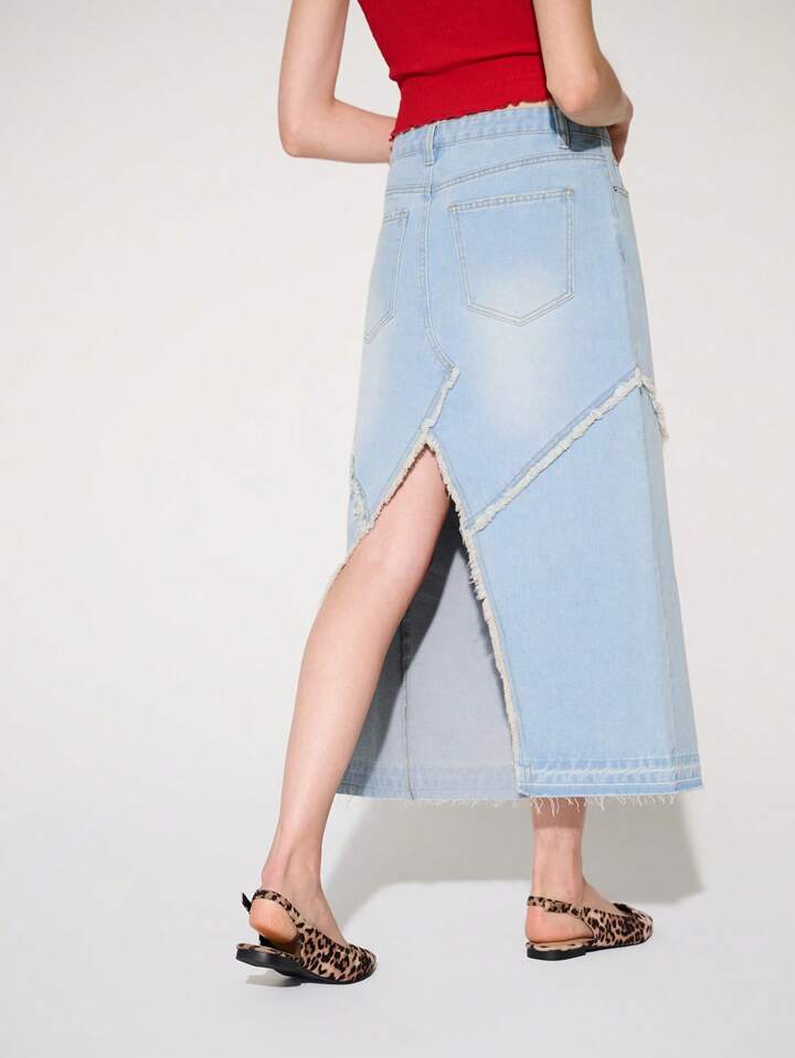 CM-BS781136 Women Casual Seoul Style Fray Seam Non-Stretch Summer Denim Midi Skirt - Blue