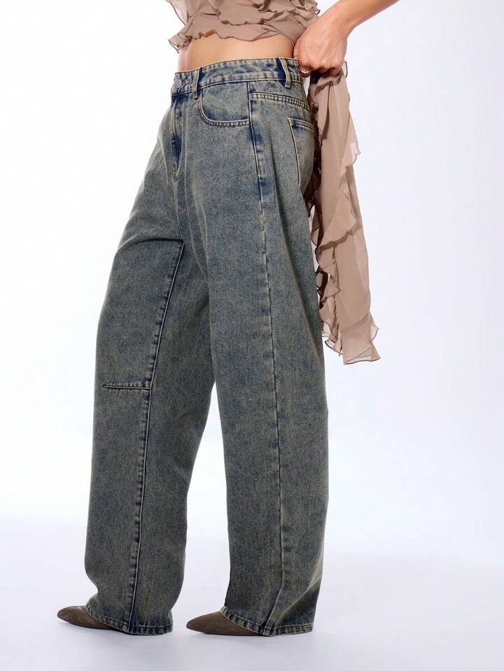 CM-BS260026 Women Casual Seoul Style Low Rise Drop Waist Washed Denim Trousers