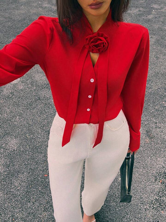CM-TS303733 Women Casual Seoul Style Floral Detachable Brooch Contrast Buttons Tie Front Blouse - Red