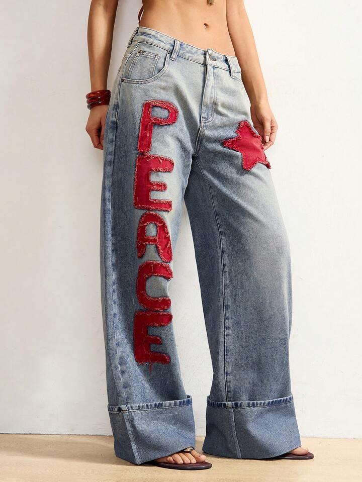 CM-BS472211 Women Casual Seoul Style Medium Wash Color-Blocked Embroidered Loose Fit Denim Jeans