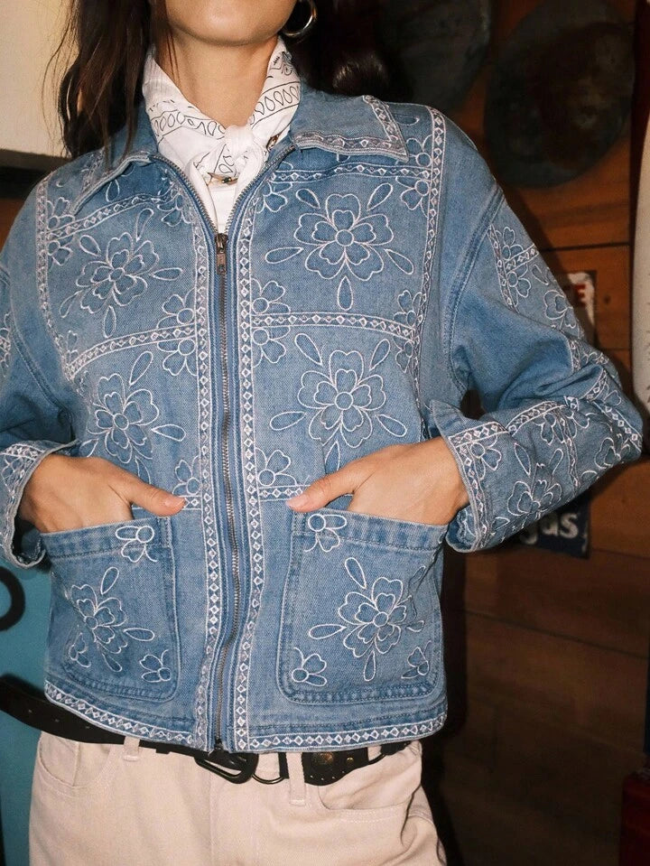 CM-CS082050 Women Casual Seoul Style Collar Neckline Long Sleeve Floral Embroidery Denim Jacket - Blue