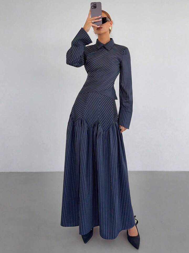 CM-SS688596 Women Elegant Seoul Style Striped Collar Neckline Long Sleeve Shirt With Pleated Maxi Skirt - Set