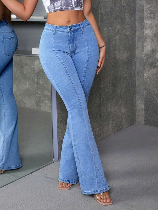 CM-BS068359 Women Preppy Seoul Style Medium Washed Denim Bell-Bottom Flare Leg Pants