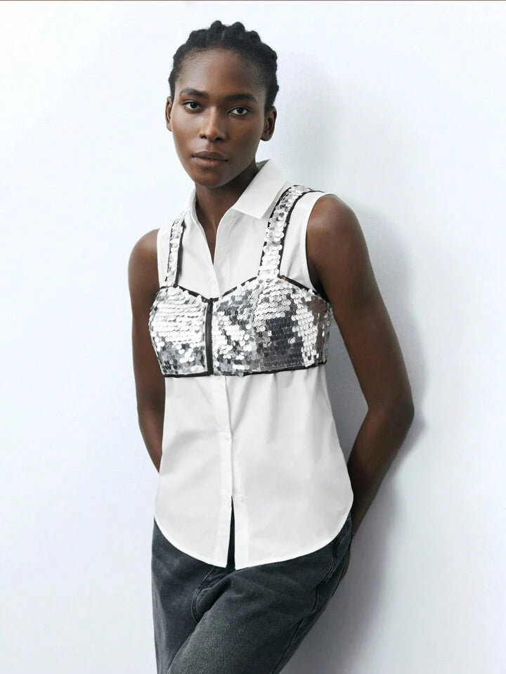 CM-TS313100 Women Casual Seoul Style Beaded Spaghetti Strap Top And Tank Blouse - Set