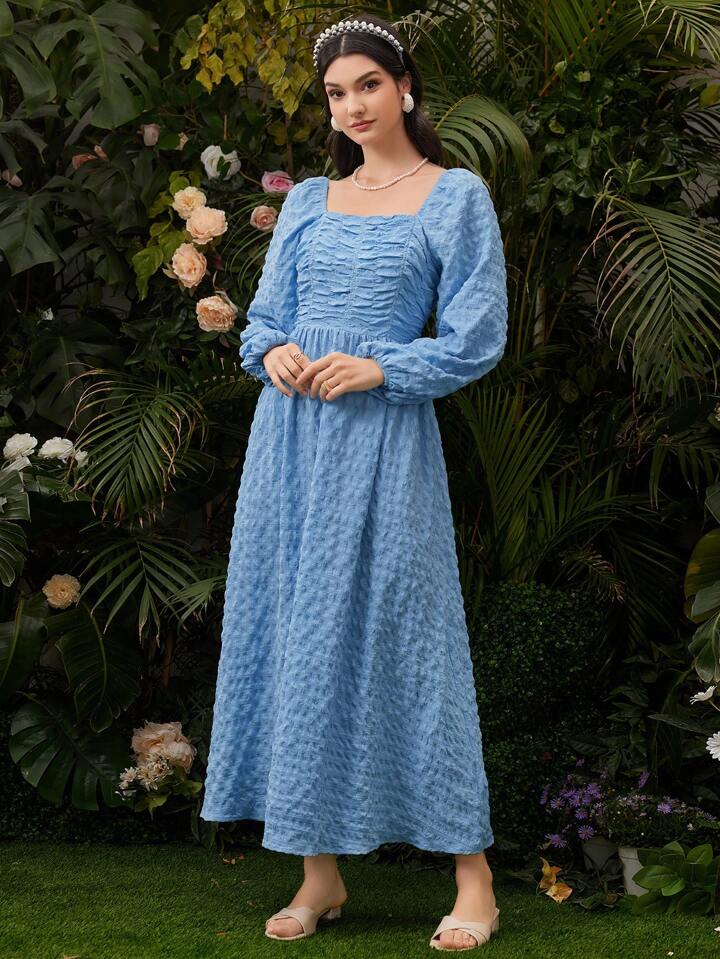 CM-DS041762 Women Elegant Seoul Style Square Neck Lantern Sleeve Dress - Blue