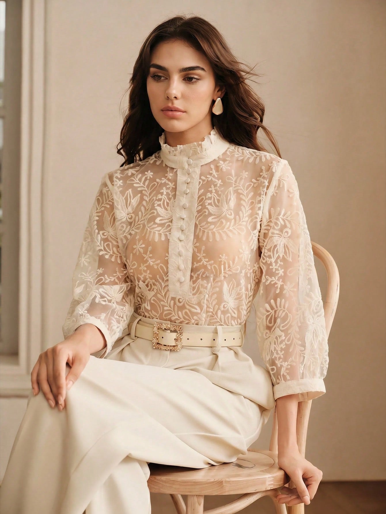 CM-TS392643 Women Elegant Seoul Style Hollow Stand Collar 3/4 Sleeve Embroidered Top - Apricot