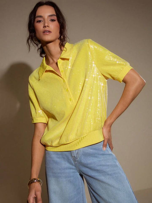 CM-TS980216 Women Elegant Seoul Style Semi-Sheer Sequin Collar Loose Short Sleeve Knit Top - Yellow