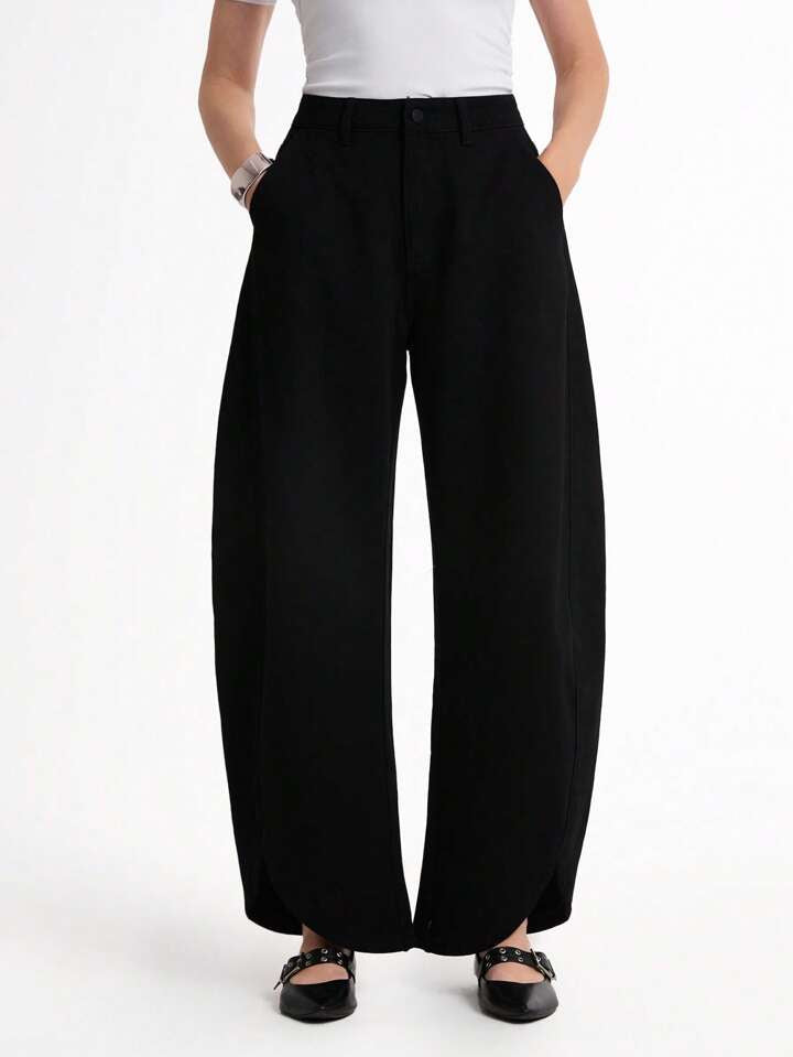 CM-BS928258 Women Casual Seoul Style High Waist Extra Long Loose Fit Wide Leg Jeans - Black