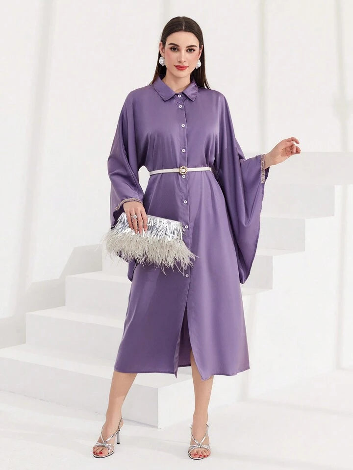 CM-DS160067 Women Elegant Seoul Style Batwing Sleeve Single Breasted Dress - Mauve Purple