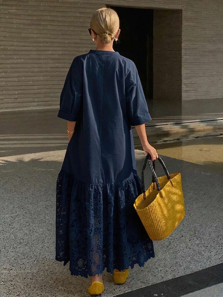 CM-DS486717 Women Trendy Bohemian Style Lace Patchwork Stand Collar 3/4 Sleeve Long Shirt Dress - Navy Blue