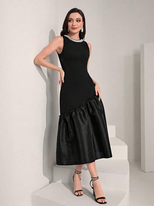 CM-DS309482 Women Elegant Seoul Style Sleeveless Pearls Beaded Ruffle Hem Dress - Black