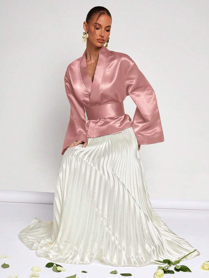 CM-TS829270 Women Elegant Seoul Style Solid Color V-Neck Wrap Flared Sleeve Blouse - Pink